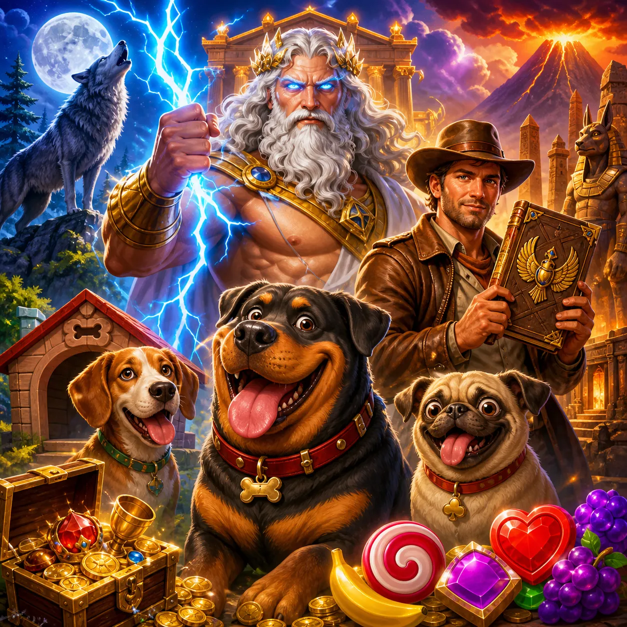 Illustration of diverse slot game themes with vibrant characters and colorful fantasy landscapes.